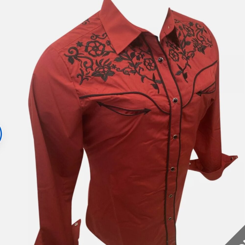 Rodeo Clothing Company Red Embroidered, Black Snap Western Riding Shirt L